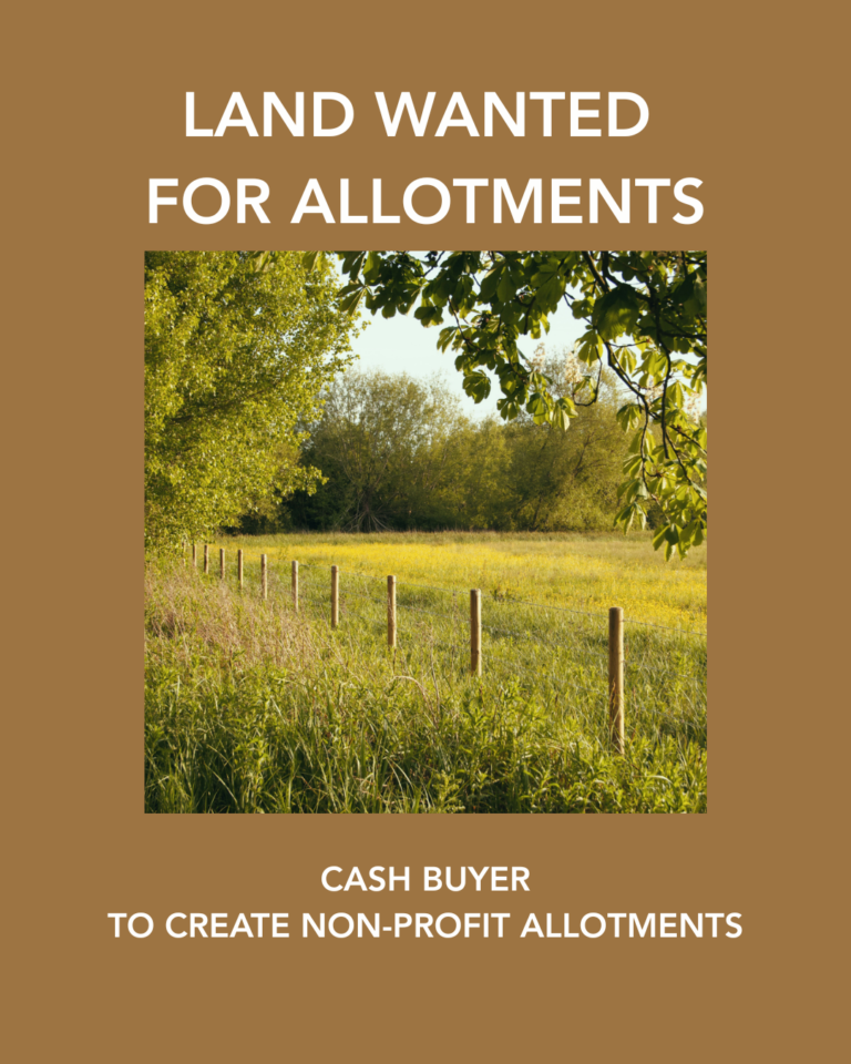 image of an agricultural field with a boundary of wire and wood posts. Text reads Land wanted for alltometns, cash buyer to create non-profit allotments.