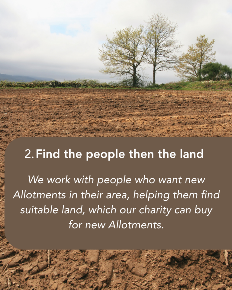 Text reads: 2. “Find the people then the land.” We work with people who want new Allotments in their area, helping them find suitable land, which our charity can buy for new Allotments. Image of a ploughed field and blue sky.